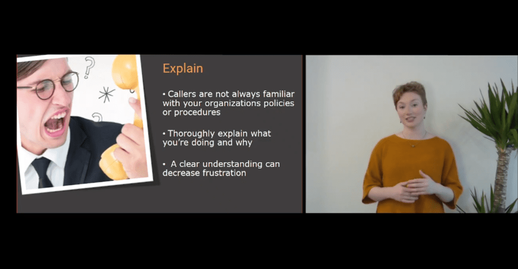Screenshot of an ARETE presentation slide about handling phone interactions. With image of man yelling at phone and woman speaking and standing in front of a white wall.